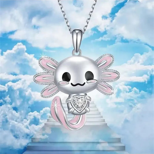 Cute Pink Axolotl Necklace - Enamel Pendant with Crystal Charm - Anime - Jewelry - 2