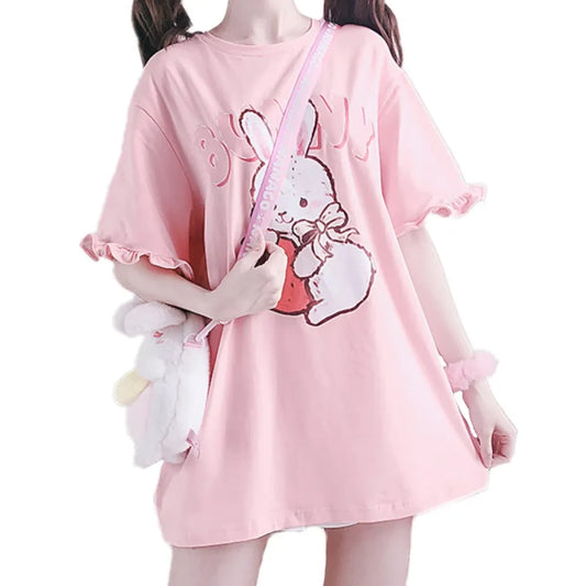 Pink Lolita T-Shirt - Rabbit Print Ruffled Sleeve Top - T-Shirts - Short - Crew - T-Shirts - 1