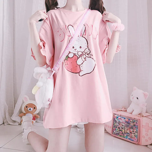Pink Lolita T-Shirt - Rabbit Print Ruffled Sleeve Top - T-Shirts - Short - Crew - T-Shirts - 2