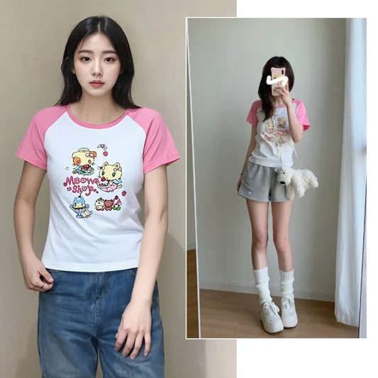 Cat Print T-Shirt – Pink White Patchwork Slim Fit Short Sleeve Tee - T-Shirts - Short - Crew - T-Shirts - 1