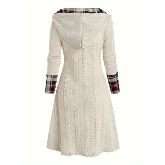 Plaid Stitch Hooded Knit A-Line Dress - All Dresses - Dress - 2