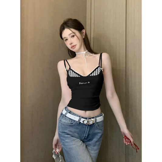 Plaid Y2K Layered Camisole – Retro Korean Aesthetic - Women’s Clothing & Accessories - Sleeveless - Round - Camisole - 2