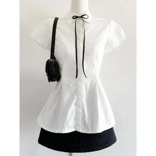 Preppy Bow Ruffle Blouse - Women’s Clothing & Accessories - Blouses - 1