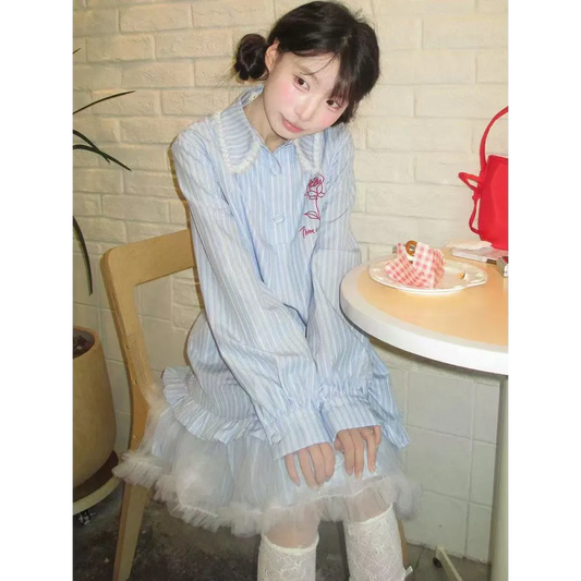 Preppy Striped Lace Shirt Dress - All Dresses - Dresses - 1