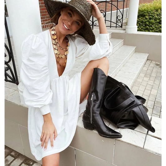 Puff Sleeve Mini Dress - All Dresses - 1