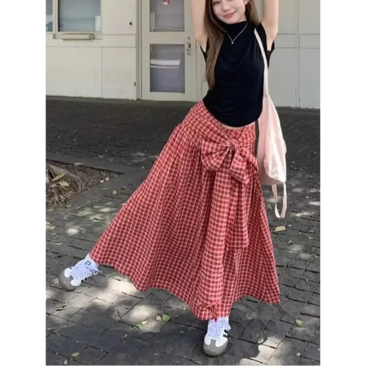 Red Plaid Bow Long Skirt – Y2K Harajuku Style - Bottoms - Skirts - 1