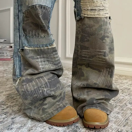 Retro Camo Patchwork Bell Bottom Jeans - Bottoms - Jeans - 1