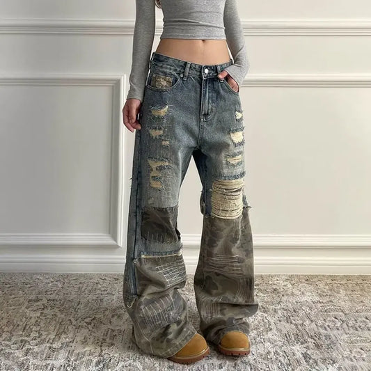 Retro Camo Patchwork Bell Bottom Jeans - Bottoms - Jeans - 2