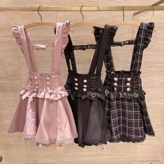 Gothic Lolita Suspender Skirt – Lace Trim Bowknot A-Line Mini - Bottoms - Sleeveless - Skirts - 1