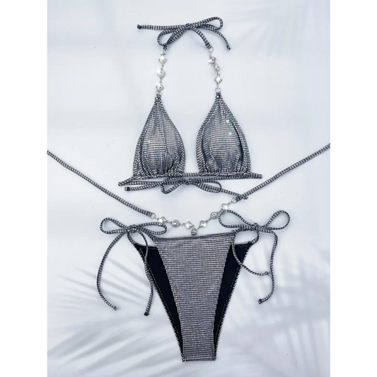 Rhinestone Halter Bikini Set – Glitter Tie Thong Swimwear - Harajuku Style - Strapless - Swimwear - 1