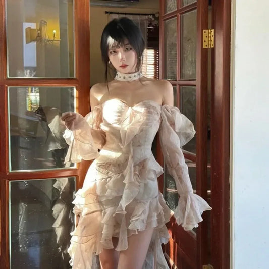 Rose Print Strapless Ruffle Hi-Low Dress - All Dresses - Dress - 2