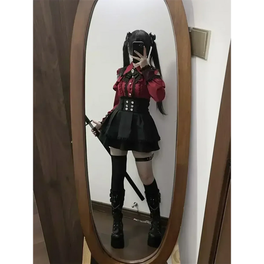 Y2K Off Shoulder Shirt and Ruched Lace Skirt Set - Bottoms - Clothing Sets - 2