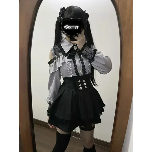 Y2K Off Shoulder Shirt and Ruched Lace Skirt Set - Bottoms - Clothing Sets - 5