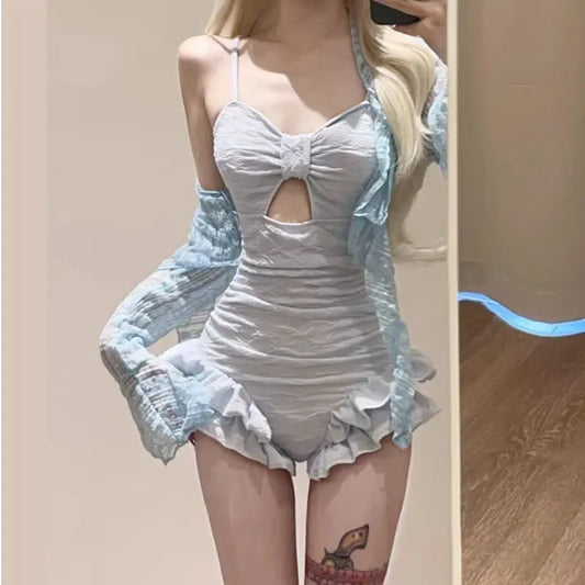 Ruched Ruffle Bodysuit Bikini – Korean Swimsuit Set with Mesh Cover - Tops & Tees - Sleeveless - Swimwear - 1