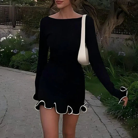 Elegant Black Ruffle Knit Mini Dress - All Dresses - Dresses - 1