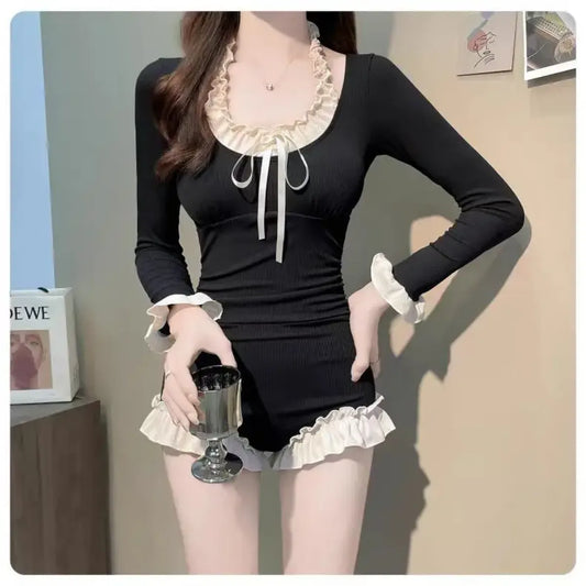 Ruffle Trim Bow Swimsuit – Kawaii Patchwork One Piece Beachwear - Tops & Tees - Long - Swimwear - 7