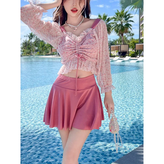 Ruffled Long Sleeve High Waist Swim Skirt Set - Bottoms - Swimsuits - 1