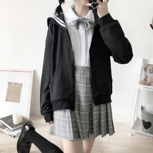 Black Sailor Collar Hoodie – Kawaii Preppy Lolita Sweatshirt - T-Shirts - Shirt - Women’s Sweaters - 1