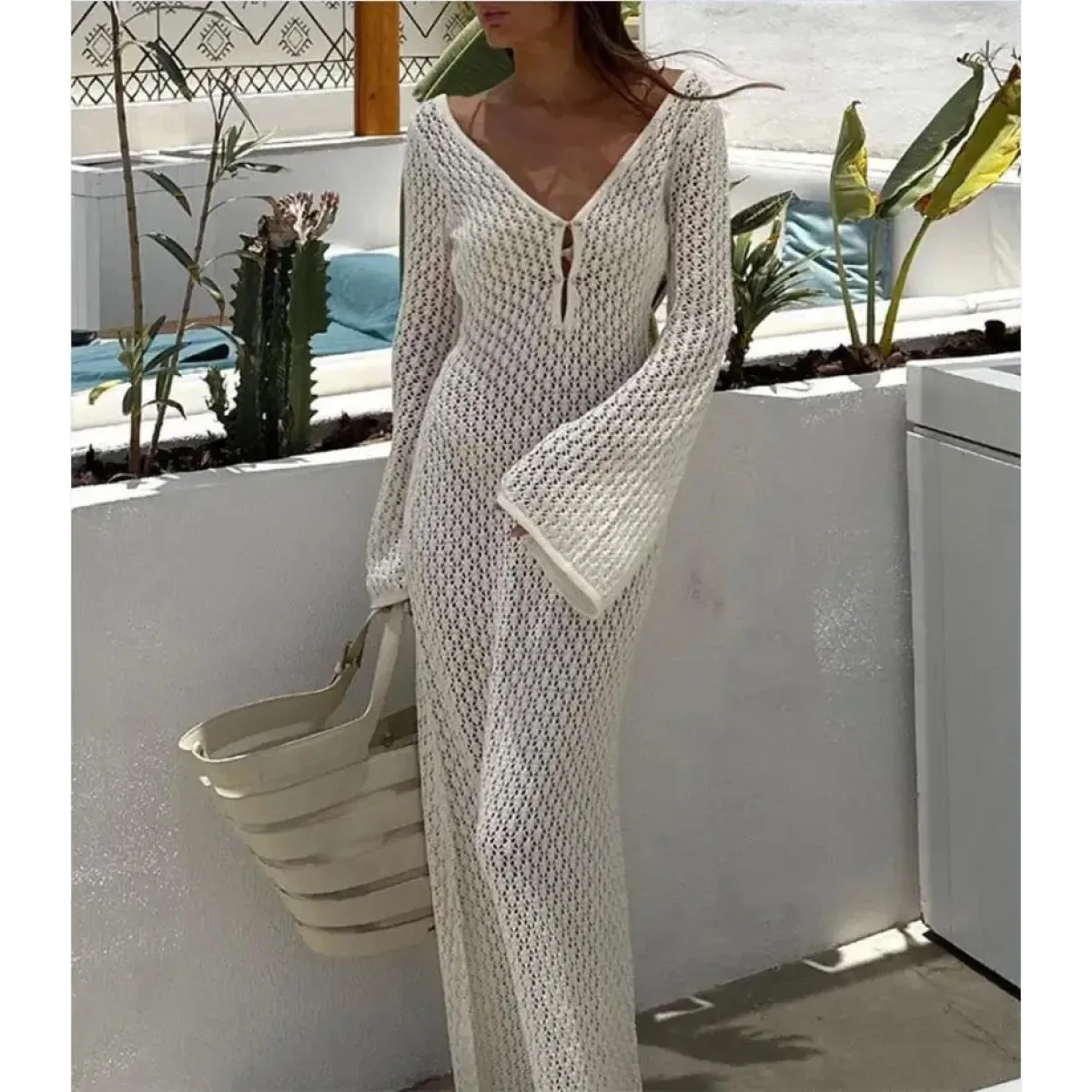 Chic Long Knit Beach Dress with Deep V-Neck Style Kawaii Stop Chic Long Knit Beach Dress with Deep V-Neck Style Kawaii Stop