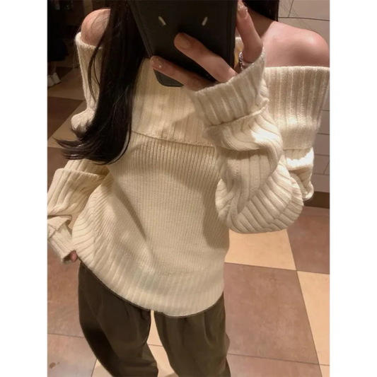 Beige Off Shoulder Knit Sweater – Elegant Harajuku Long Sleeve Pullover - Sweaters - Off-Shoulder - Sweaters - 1