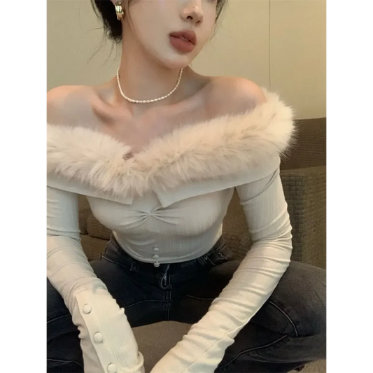 Off Shoulder Plush Trim Top – Y2K E-Girl Slim Fit Autumn Pullover - Tops & Tees - Long - Tops - 2