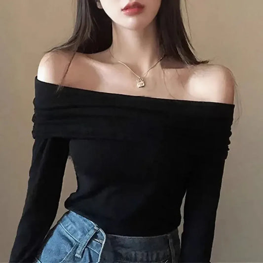 Off-Shoulder Korean Slim Fit Pullover Top - Tops & Tees - Blouse - 6