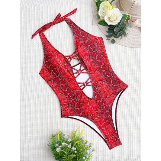 Snake Print Cutout One-Piece – Deep V Thong Swimwear - Sexy Lingerie - Swimwear - 3