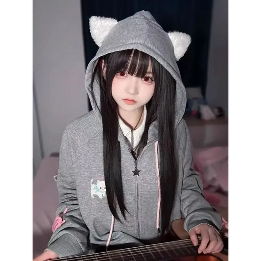 Soft Girl Cute Cat Embroidered Hoodie - Hoodies & Sweatshirts - 2