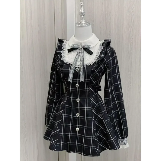 Harajuku Plaid Bow Lace Collar Dress - All Dresses - Mini Dress - 1
