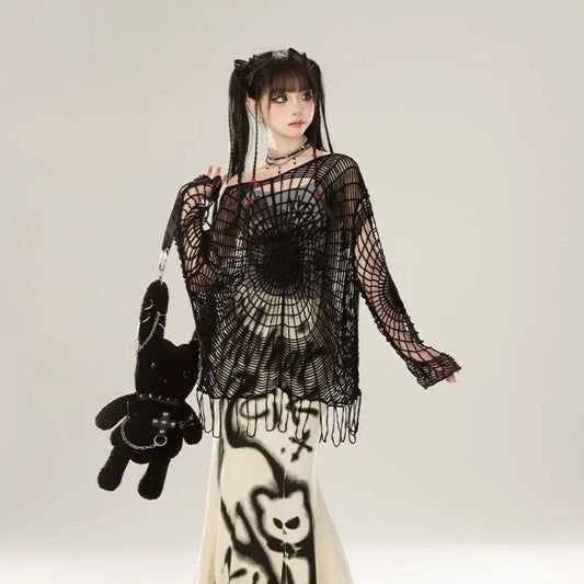 Spider Web Knit Sweater – Y2K Off Shoulder Grunge Pullover - Sweaters - Long - Asymmetric - Tops - 1