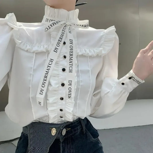 Ruffled Stand Collar Letter Bow Blouse - Women’s Clothing & Accessories - Blouse - 1