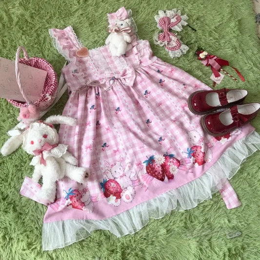 Strawberry Bunny Lolita JSK Dress – Harajuku Cosplay Style - All Dresses - Sleeveless - Square - Lolita Dress - 1