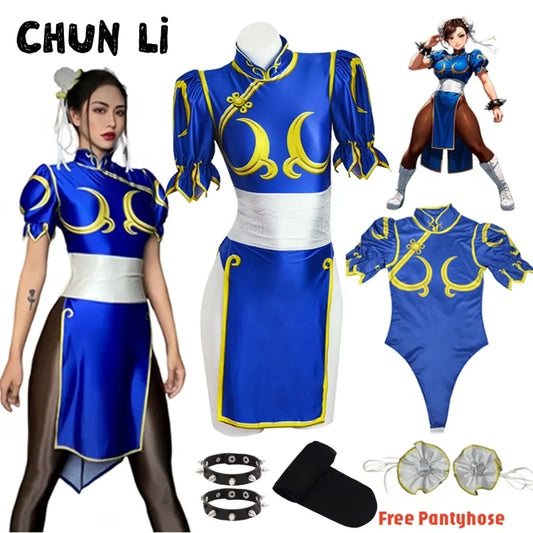Chun Li Cosplay Costume – Street Fighter Blue Cheongsam Set with Headdress - All Dresses - Sets - 1
