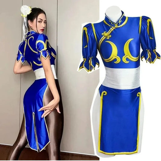 Chun Li Cosplay Costume – Street Fighter Blue Cheongsam Set with Headdress - All Dresses - Sets - 2