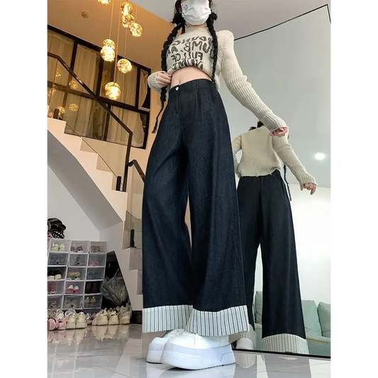 Y2K Patchwork Wide Leg Jeans with Striped Cuffs - Bottoms - Jeans - 1