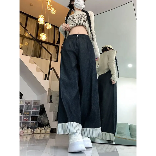 Y2K Patchwork Wide Leg Jeans with Striped Cuffs - Bottoms - Jeans - 2