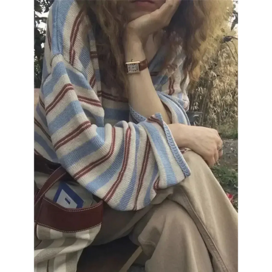 Striped Knit V-Neck Loose Long Sleeve Tee - T-Shirts - Sweater / Pullover - 1