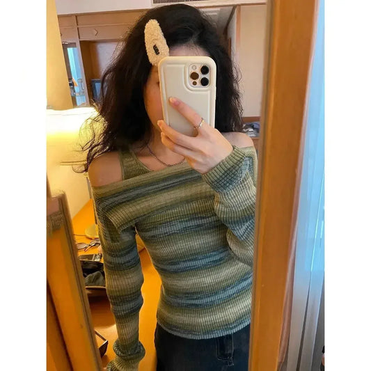 Green Harajuku Off Shoulder Striped Sweater - Sweaters - Sweaters - 7