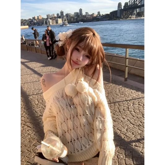 Off-Shoulder Knit Sweater – Sweet Coquette Aesthetic - Sweaters - Round - Women’s Sweaters - 1