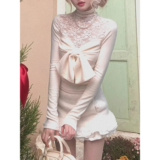 Ivory Lace Bow Top – Sweet Japanese Y2K Spring Style - T-Shirts - Round - Tops - 1