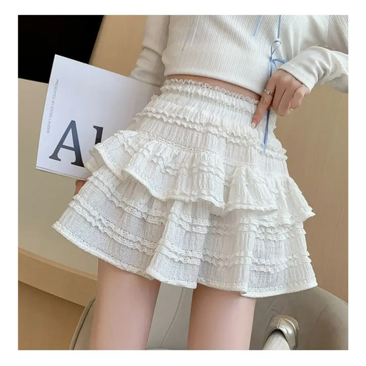 Sweet Lace Ruffle Mini Skirt – Kawaii High-Waist A-Line Style - Bottoms - Short - Skirts - 2