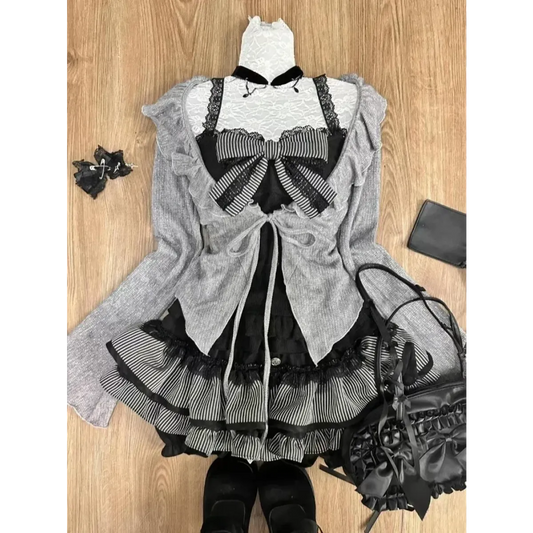 Sweet Lolita 3-Piece Set – Lace-Up Cardigan Strapless Top Skirt - Bottoms - Clothing Sets - 1