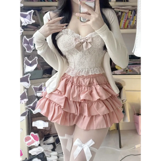 Ruffle Mini Skirt – Kawaii Sweet Lolita Y2K Aesthetic - Bottoms - Long - V-neck - Skirts - 1