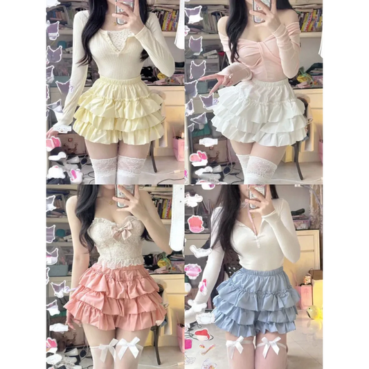 Ruffle Mini Skirt – Kawaii Sweet Lolita Y2K Aesthetic - Bottoms - Long - V-neck - Skirts - 2
