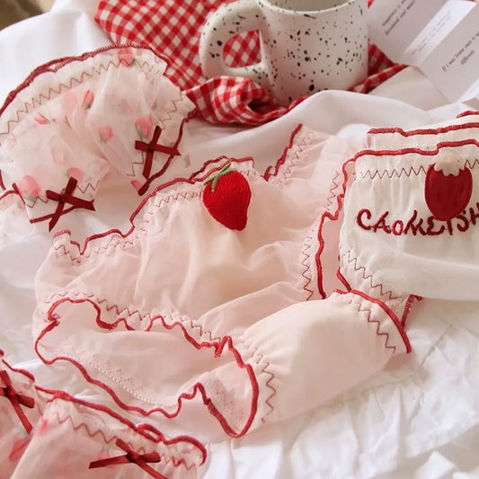 Sweet Strawberry Sheer Mesh Panties – Ruffle Lace Mid-Waist Briefs - Women’s Clothing & Accessories - Lingerie - 1