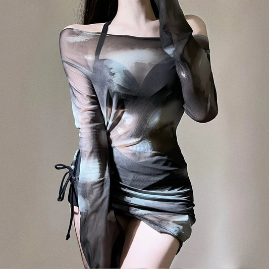 Tie-Dye Bikini Set – Korean Mesh Cover-Up with Drawstring Skirt - Bottoms - Long - Swimwear - 1