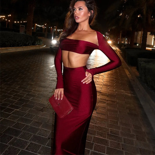 Burgundy Strapless Long Sleeve Two-Piece Skirt Set - Bottoms - 1