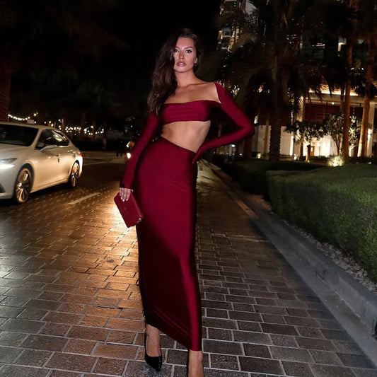 Burgundy Strapless Long Sleeve Two-Piece Skirt Set - Bottoms - 2