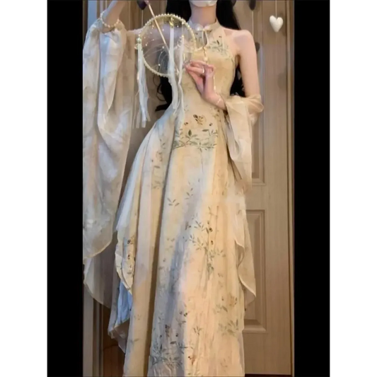 Hanfu-Inspired Slim Waist Vest Dress & Cardigan Set - All Dresses - Sets / Co-ords - 2