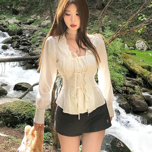 Vintage Lace Up Ruffle Blouse - Women’s Clothing & Accessories - Shirts & Blouses - 1